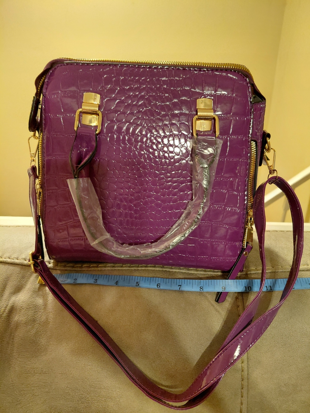 Purple Croc-Embossed Satchel Handbag with Gold Hardware